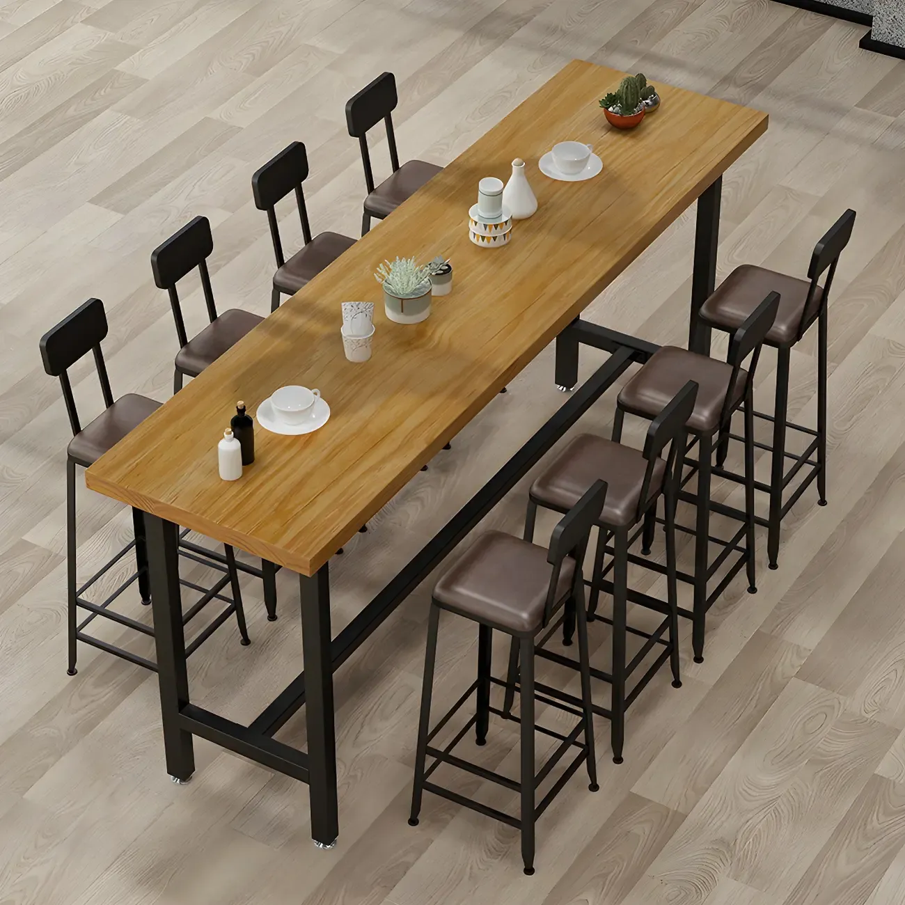 Rectangular Iron Frame Trestle Wood Bar Table with Footrest