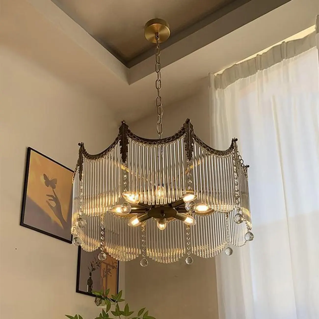 Elegant Clear Glass Crystal Comb Gold Metal Chandelier