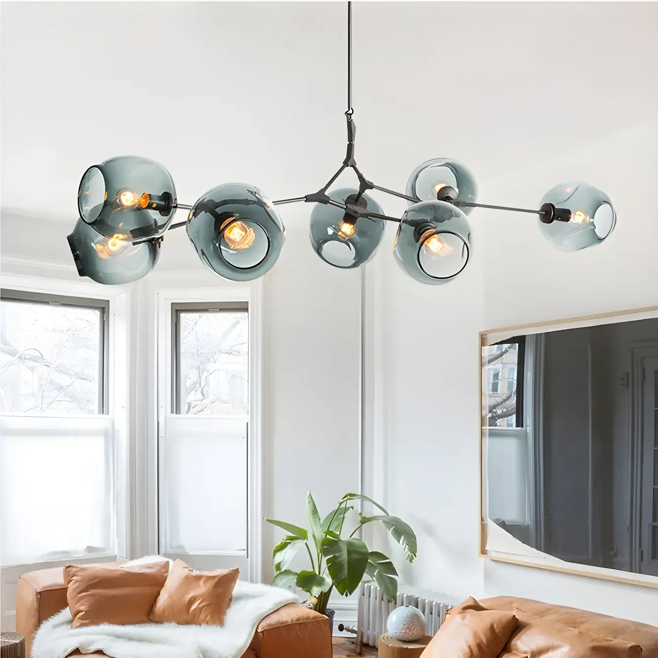 Industrial Sputnik Chandelier with Clear Blue Glass Globes