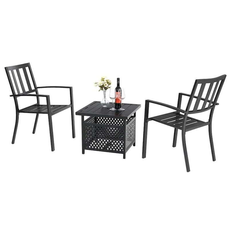 MAISON ARTS 3-Piece Patio Metal Dining Set of 2 Stackable Chairs and 1 Side table with Umbrella Hole
