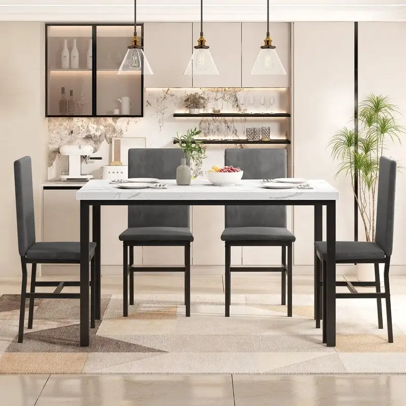 Grondin Modern Style Faux Marble Top 5-Piece Casual Dining Set with 4 Velvet Upholstered Dining Chairs
