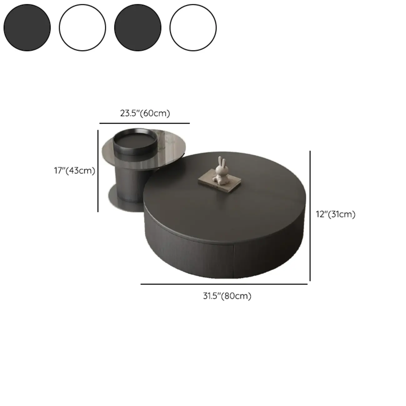 Black Modern Sleek Nesting Round Wood Drawer Coffee Table