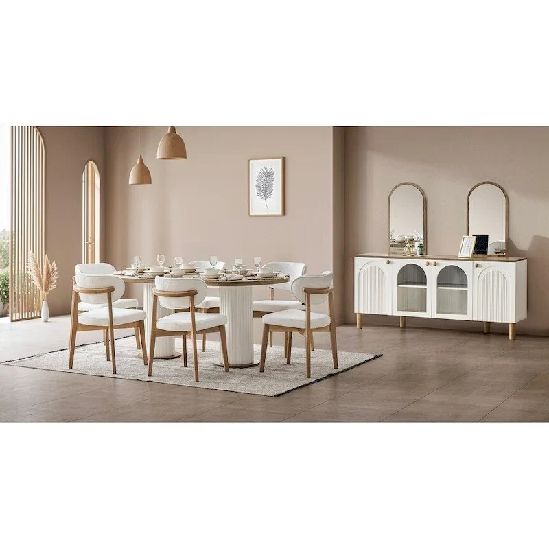 8-Piece Oval Dining Table, 6 Dining Chair With Wood Leg Set And 72 Buffet With Mirror