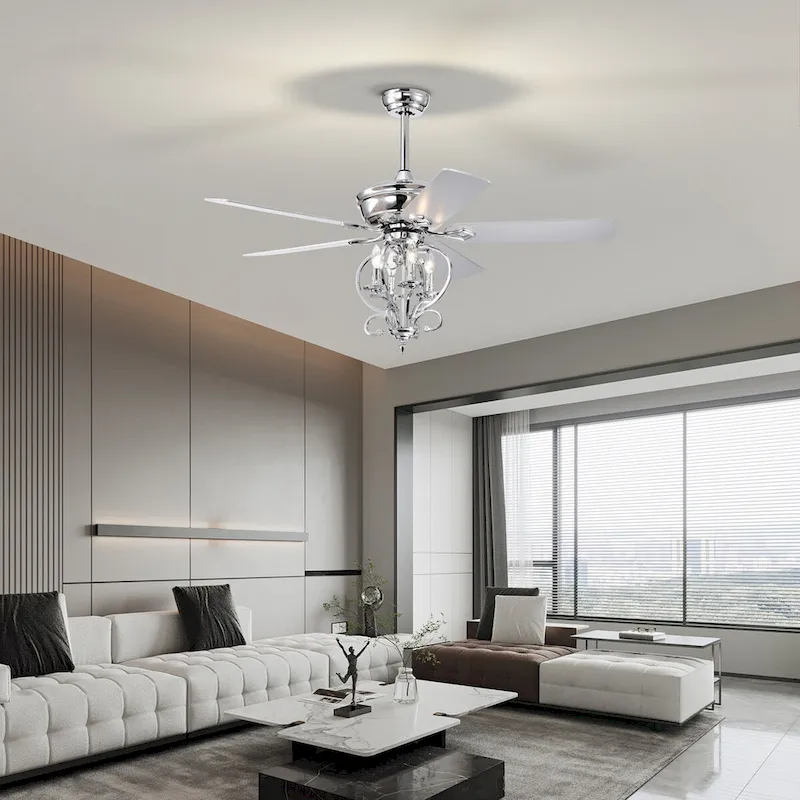 Bella Depot 52  Modern Silver Crystal Ceiling Fan with Remote Control and Light Kit, 3-Speed Reversible Blades - 52 Inches