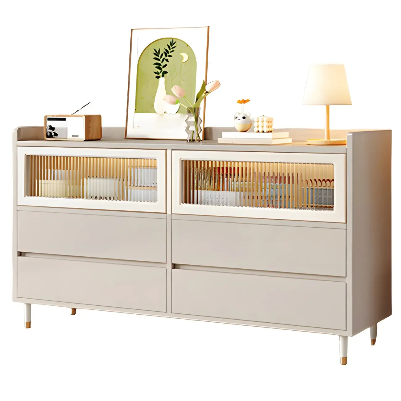 Elegant White Wooden Double Dresser with Cabinets & Drawers