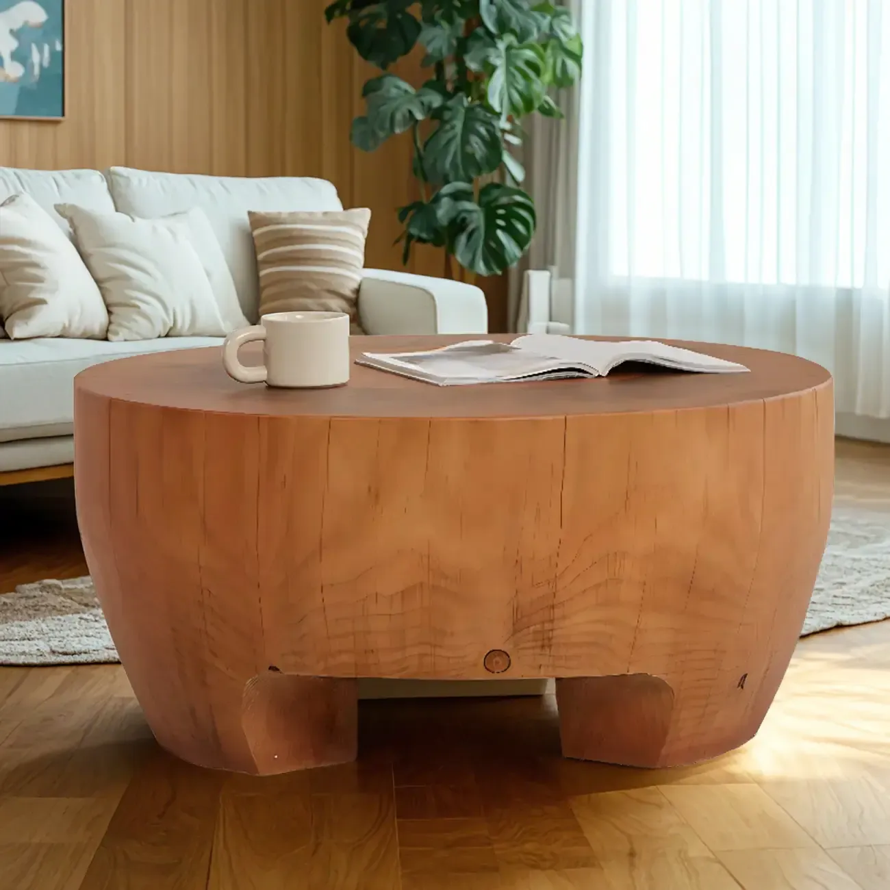 Rustic Solid Wooden Round Coffee Table with Natural Finish