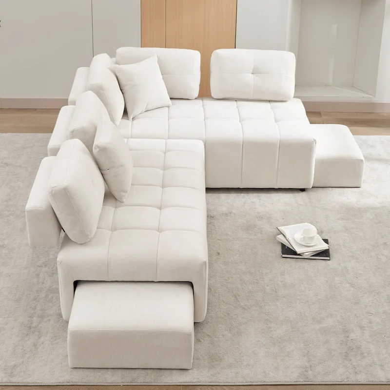 91.73 L-Shaped 4 Seater Sectional Sofa with 2 Hidden Stools, 2 Removable Lumbar Pillows, and Durable Chenille Upholstery