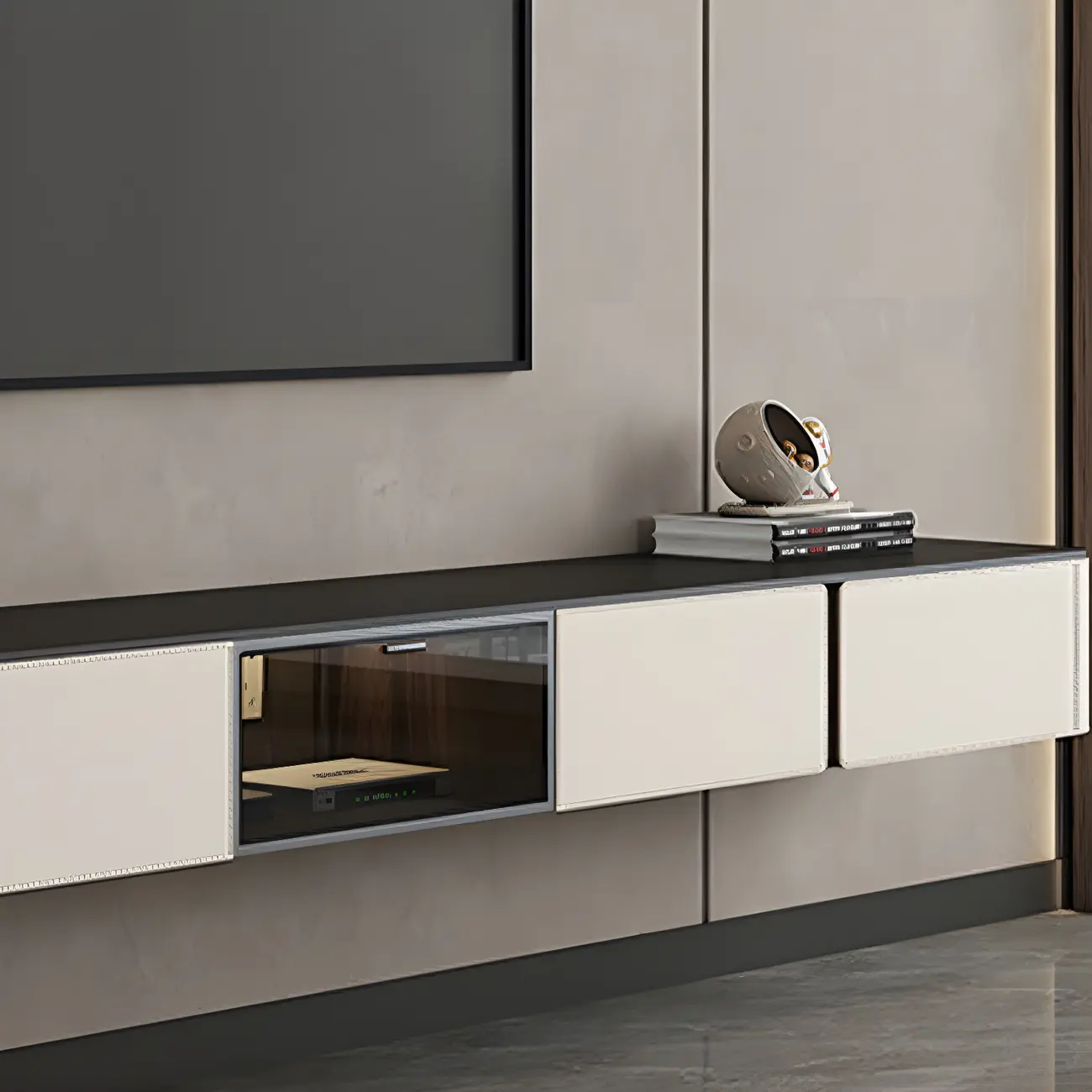White Modern Stone Floating TV Stand with Cable Management
