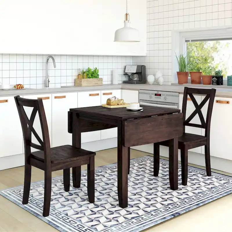 3-Piece Wooden Breakfast Nook Dining Table Set with Drop Leaf Table