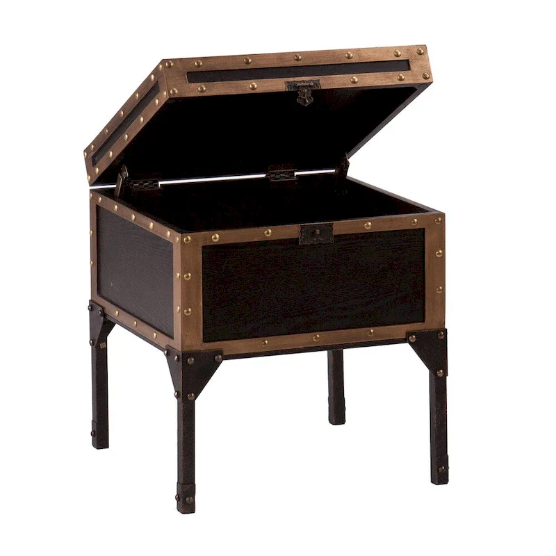 Trunk-Style Side Table with Storage – Antique Black / Bronze, MDF, Single