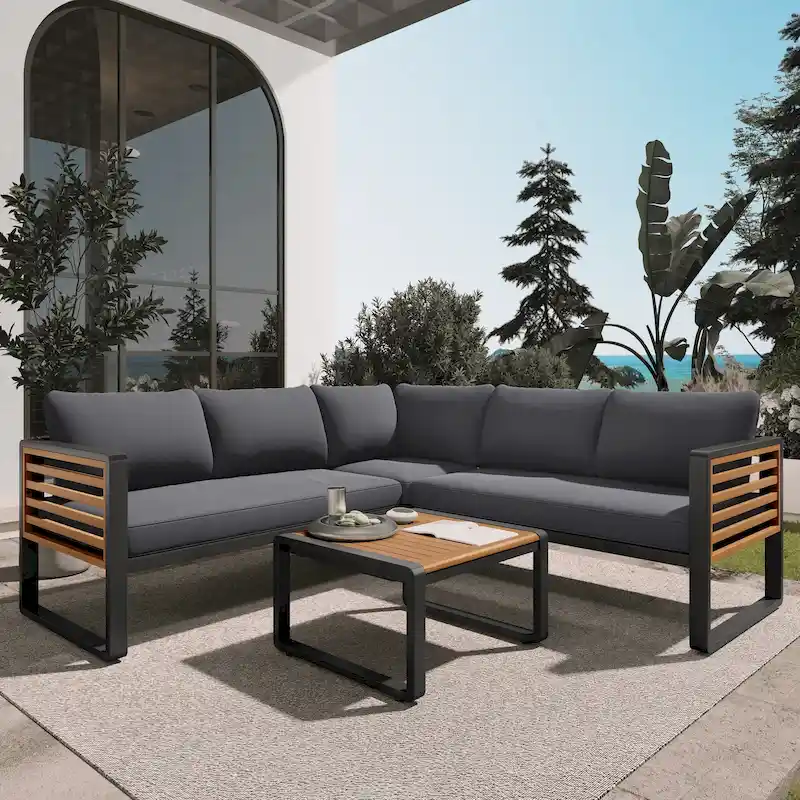 4-Piece Iron L-Shaped Sectional Sofa Set with Cushions & Table