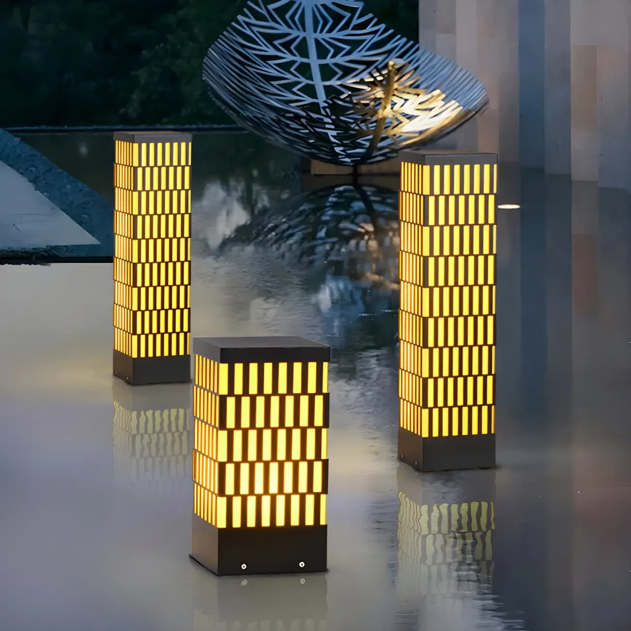 Black Metal Grille Rectangle Warm Light Post Cap Light