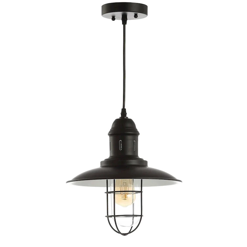 Deere 12  Adjustable Iron/Glass Cage Light LED Kitchen Pendant, Black by JONATHAN Y