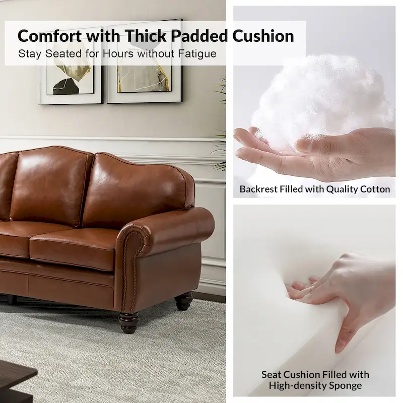 Balvino 81 Wide Transitional Genuine Leather Rolled Arm Sofa with Nailhead Trim and Removable Cushions