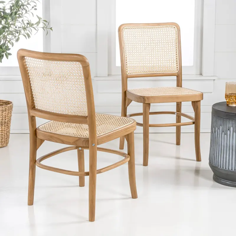 Mid-Century Vintage Wood Rattan Dining Chair, Natural (Set of 2