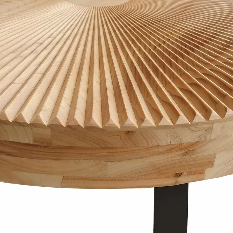 Modern Round Coffee Table with Wooden Carving Pattern and Metal Legs