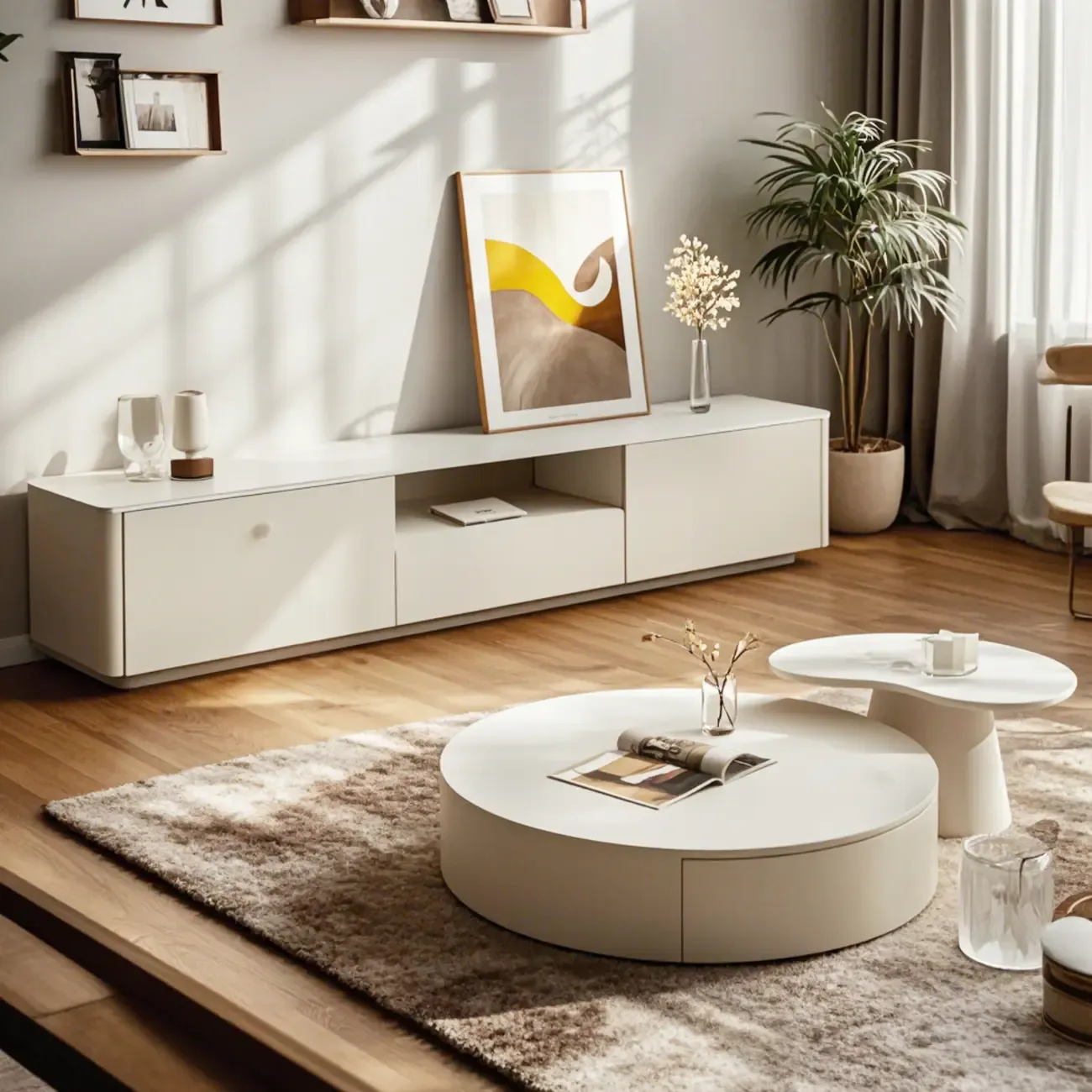 Pure White Round Modern Wood Drawer Coffee Table