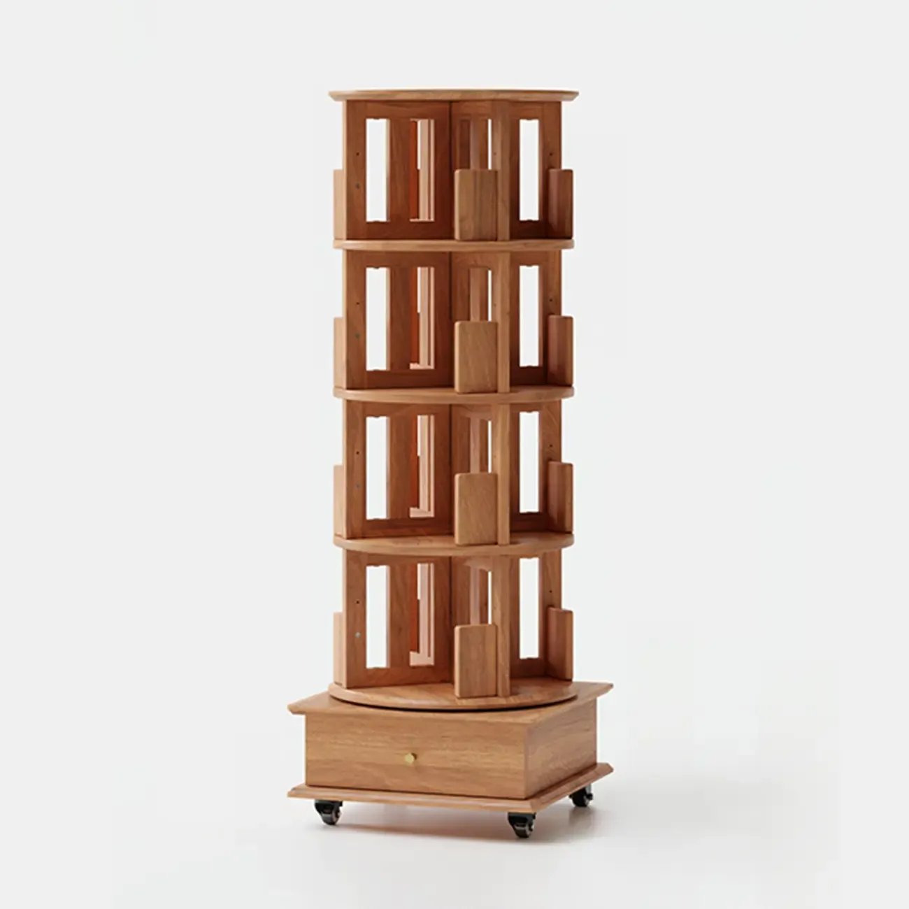Cylindrical Movable 360° Rotating Wooden Bookshelf with Drawer