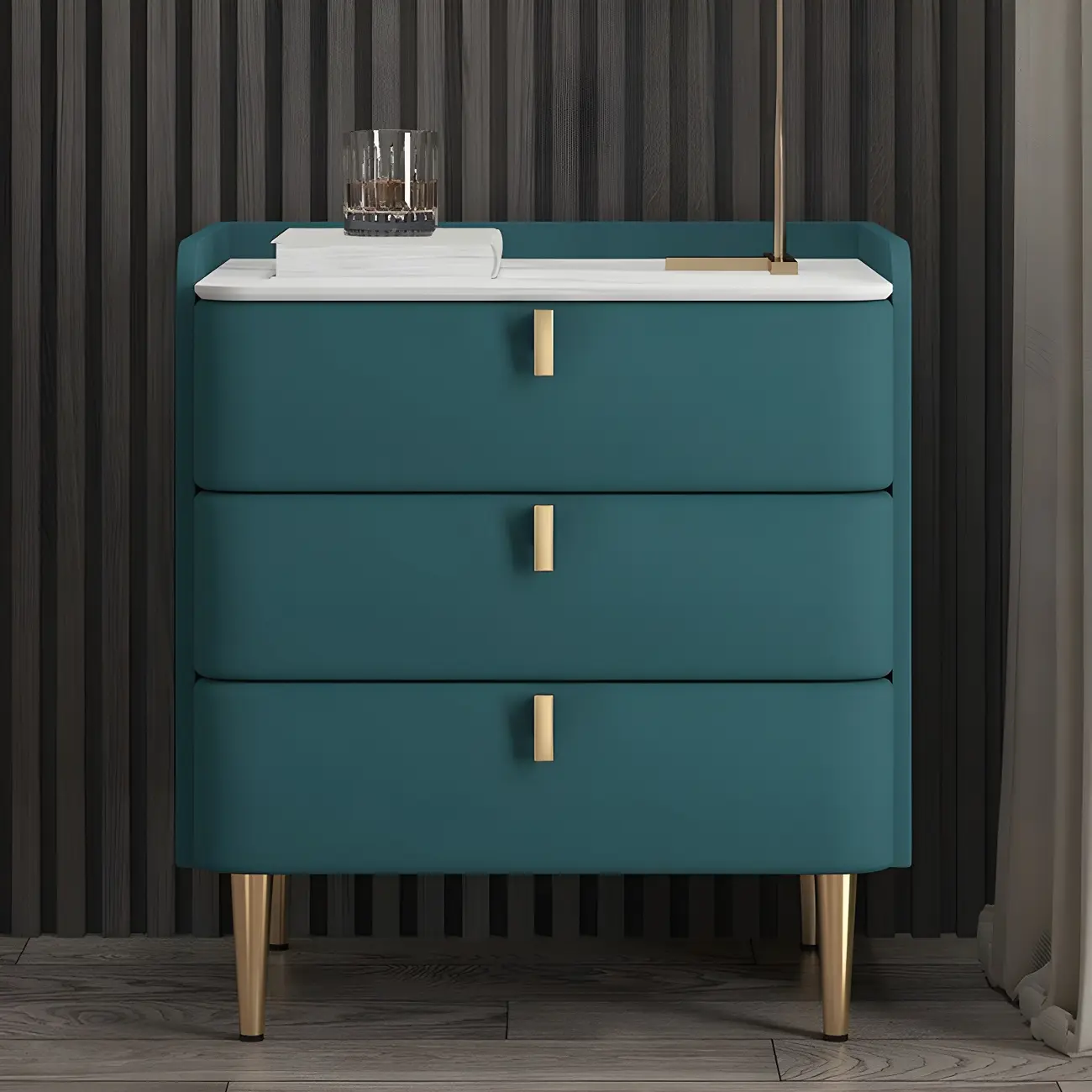 Glam Leather Sintered Stone Top Nightstand with Drawers