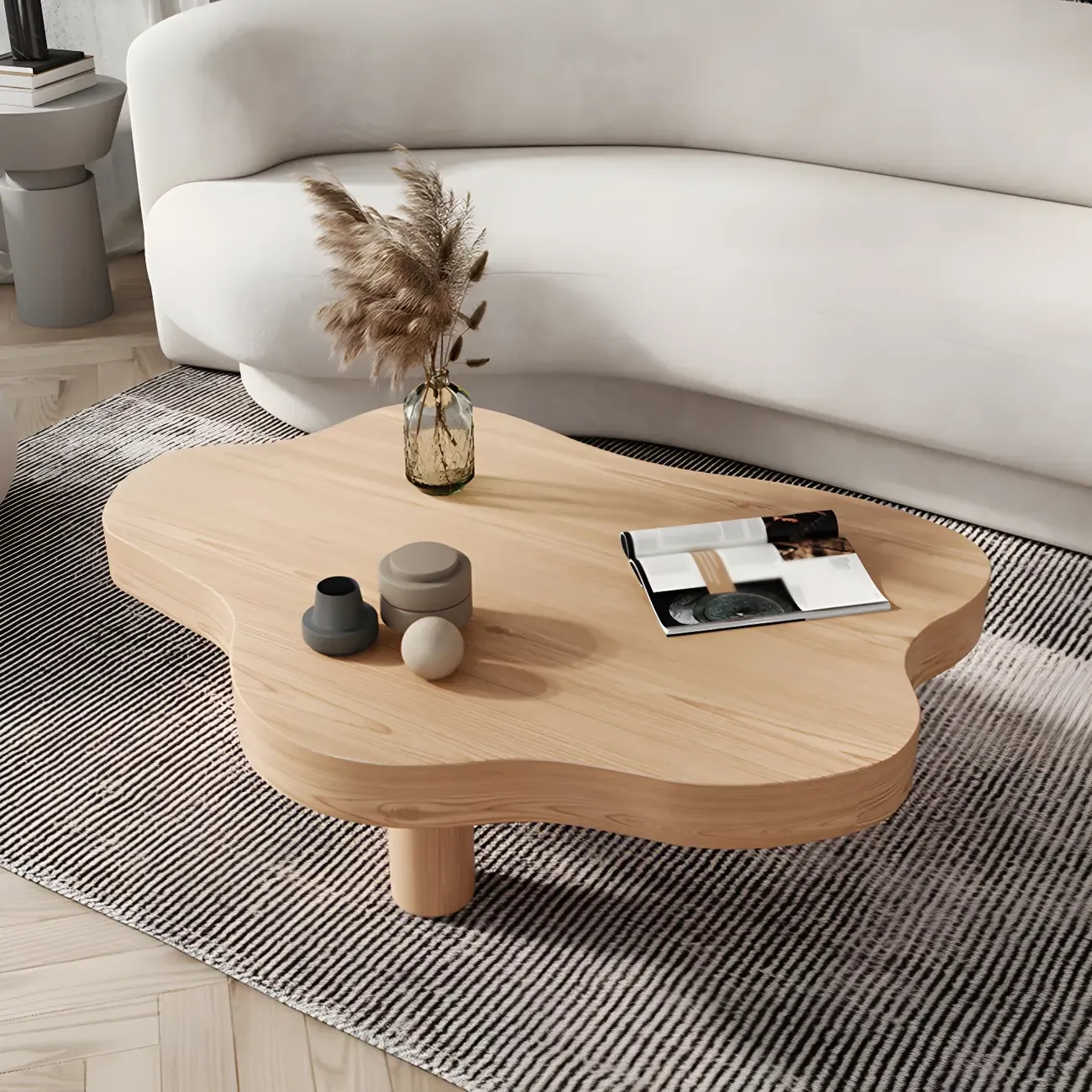 Natural Cloud-Shaped Pine Coffee Table with 3 Legs