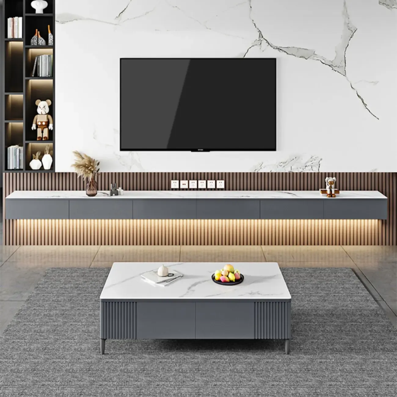 63 Grey Stone Floating Cable Management Drawers TV Stand