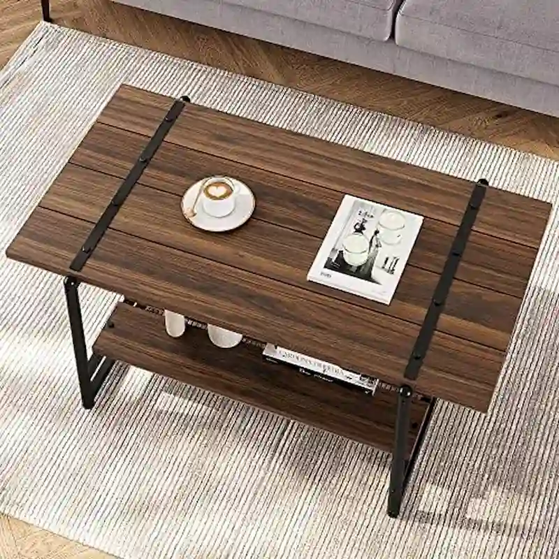 2-Tier Farmhouse 41 Large Wood Coffee Table with Shelf