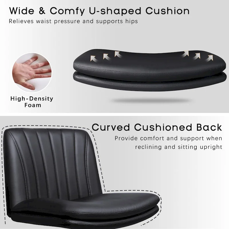 Bossin Criss Cross Chair with Wheels,PU Leather Armless Cross Legged Office chair, Adjustable Wide Seat Task Vanity Chair