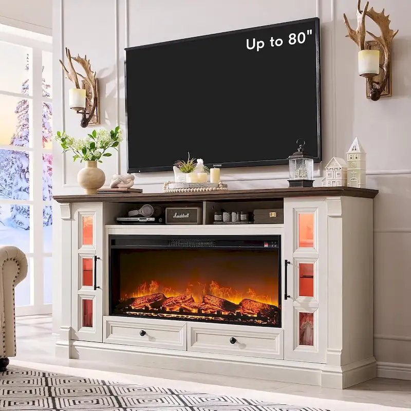 Farmhouse Fireplace TV Stand for up-to-80 TV, Entertainment Center