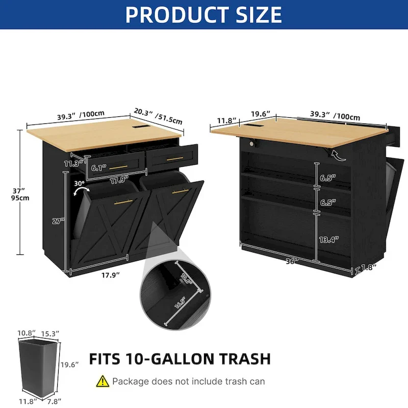 Kitchen Island Drop Leaf Double Tilt Out Trash Cabinet with Power Outlet & Wheels