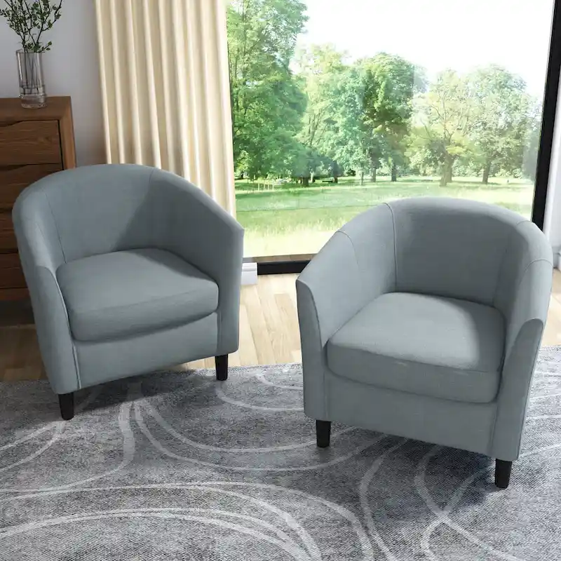 Set of 2 Upholstered Modern Barrel Accent Chair Wood Legs