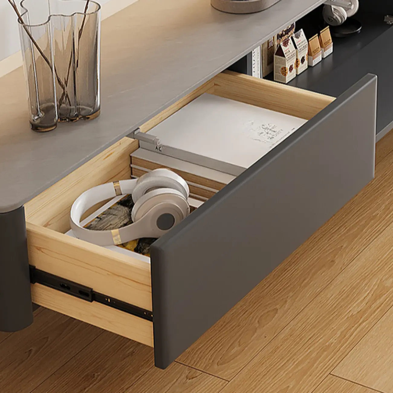 Stone Modern TV Stand with Drawers and Cable Management