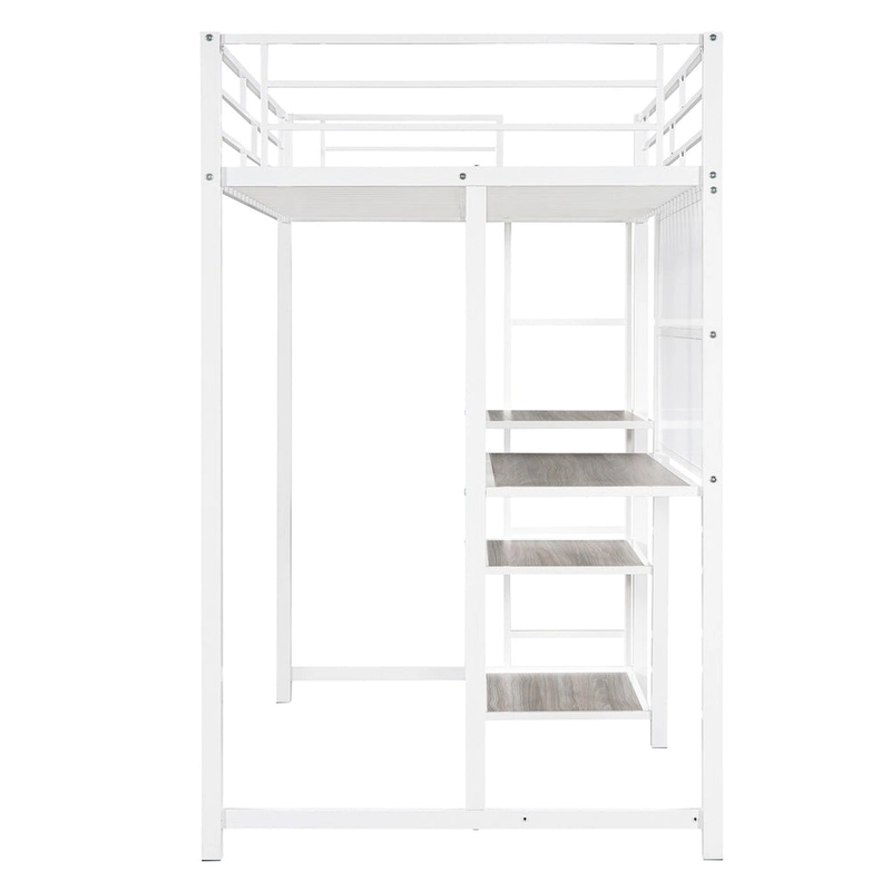 White Metal Loft Bed with Desk, Whiteboard, and 3 Shelves, Includes Ladder