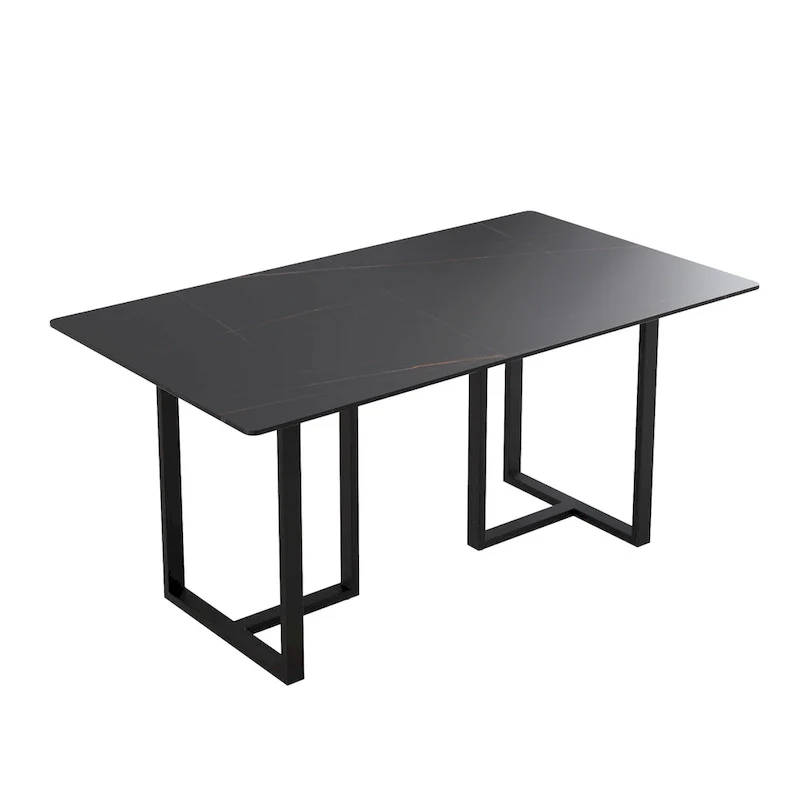 Black Modern 63L x 35W Rectangular Marble Dining Table with Steel Legs