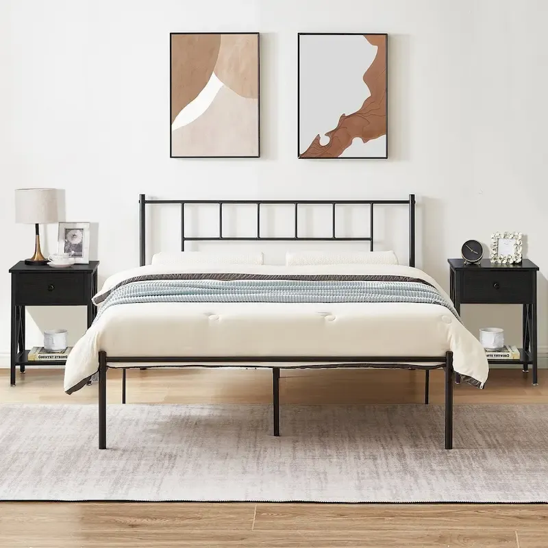 VECELO 3-Pieces Bed Frame with Wood Headboard and Modern Nightstands Set of 2