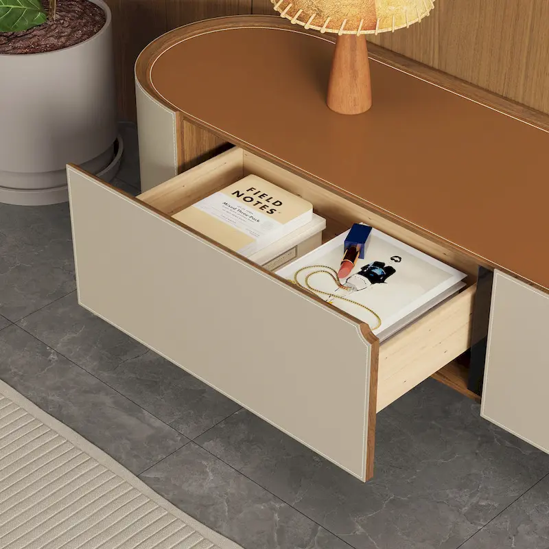 86.6 Leather TV Stand, Modern Entertainment Center with 3 Drawers