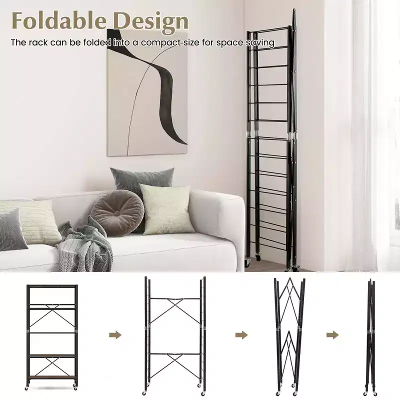 Costway 5-Tier Folding Shelf Free DIY Design Shelving Unit with 4 Universal Wheels Kitchen Black/Natural