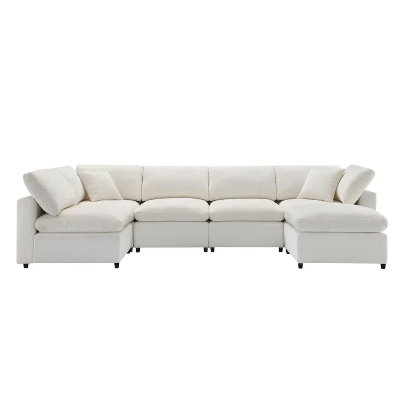 Beige 130 Chenille Cloud U-Shaped Sleeper Sectional Sofa, 6-Piece Modular Design