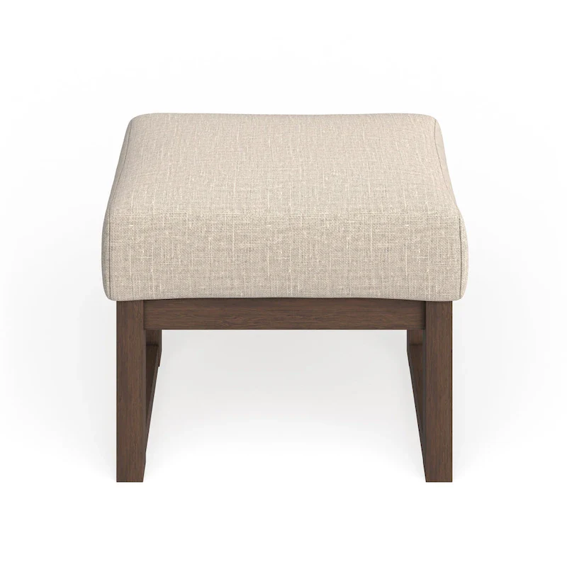 Mid-Century Ottoman Stool - Light Beige Upholstery, Walnut Wood Frame, 21.26W x 16.54H