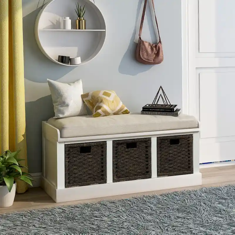 Rustic Storage Bench with 3 Rattan Baskets and Cushion