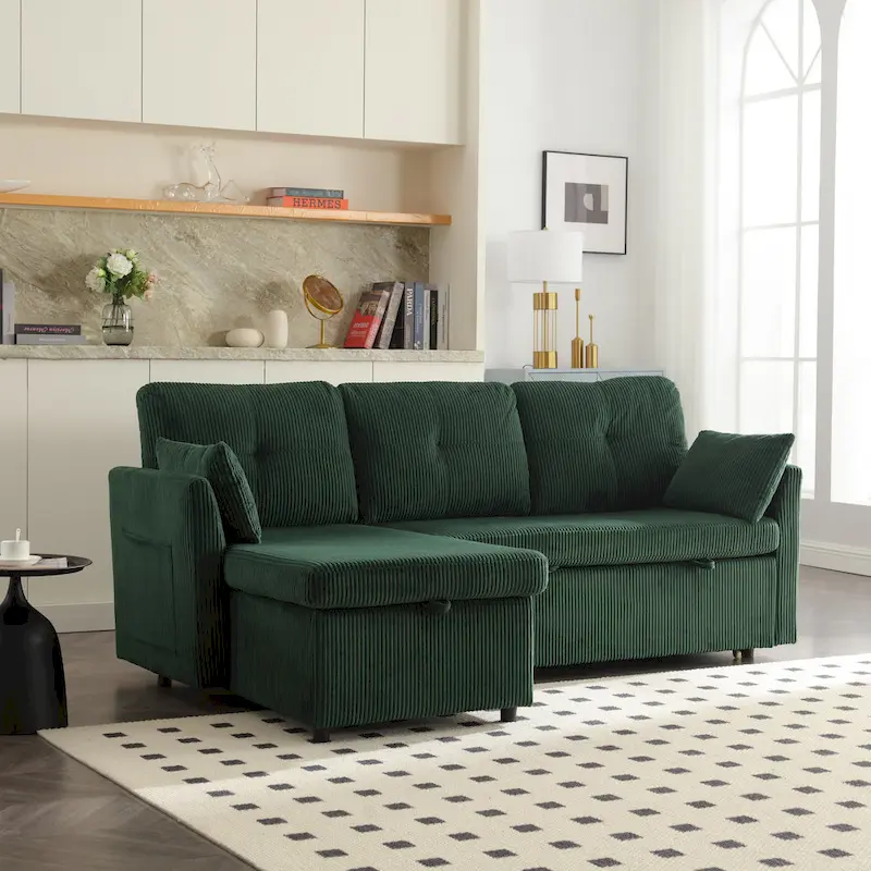 Green 81.1 L-Shaped 3 Seater Modular Sofa with Reversible Chaise Lounge and Storage, Plush Velvet Sleeper Sofa for Living Room