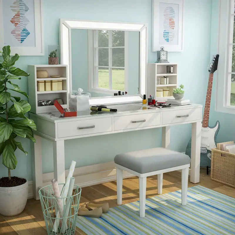 Furniture of America Wres Contemporary Solid Wood LED Light 3-Piece Makeup Vanity Set