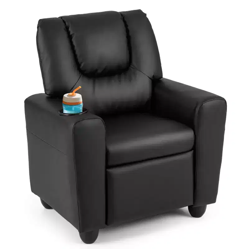 Kids Recliner Chair with Cup Holder – Beige / Black / Brown / Pink, Push-Back Style, 1-Seat