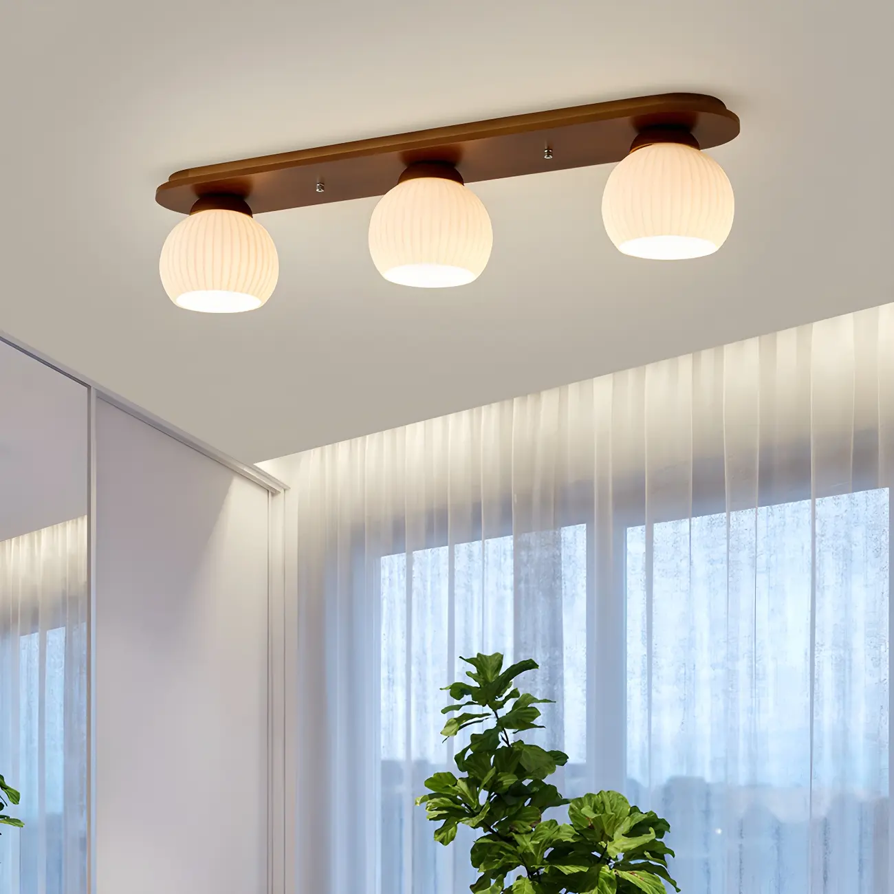 White Globe Glass Natural Wood Flush Mount Ceiling Light