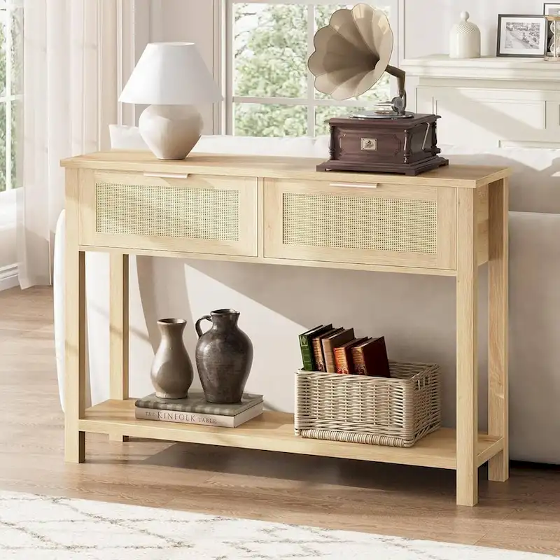 Entryway Table, Console Table with 2 Rattan Drawers