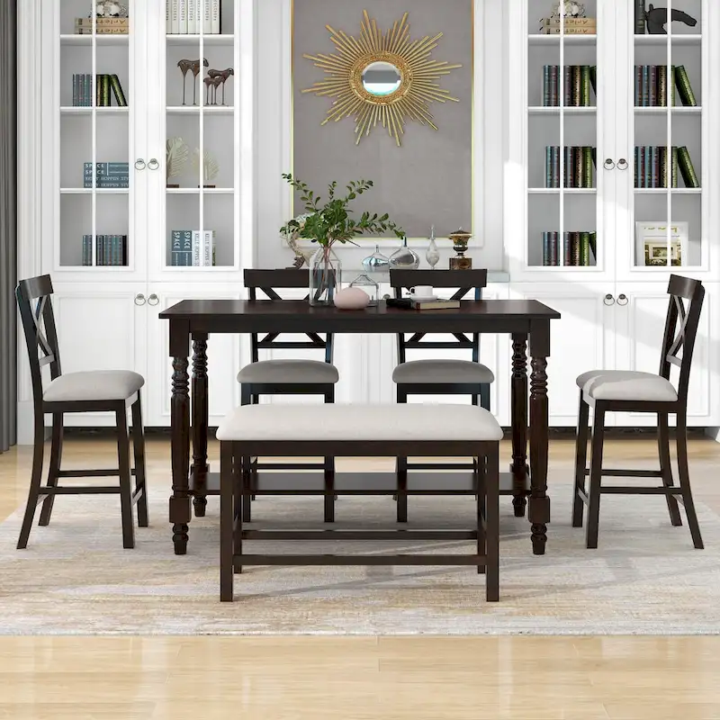 Nestfair 6-Piece Counter Height Dining Table Set with Chairs and Bench