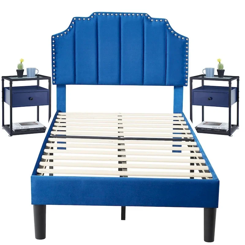 Bedroom Sets, 15 Style Options, 3-pieces Bedroom Set with Height Adjustable Upholstered Bed and Nightstands Set of 2-VECELO