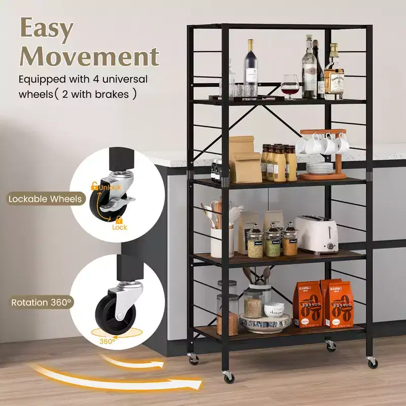 Costway 5-Tier Folding Shelf Free DIY Design Shelving Unit with 4 Universal Wheels Kitchen Black/Natural