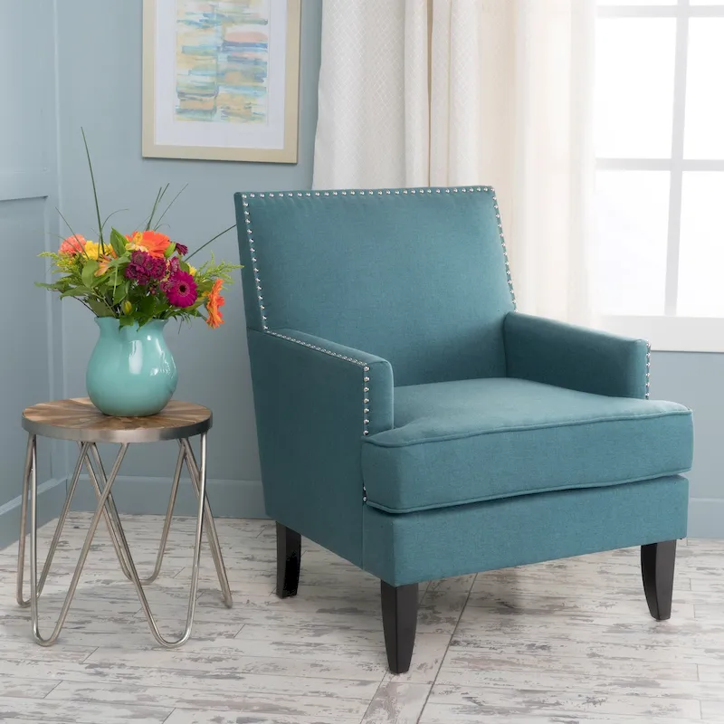 Studded Fabric Club Chair – Light Blue / Teal / Grey, Single Seat