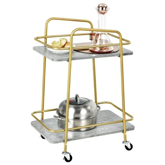 2-tier Kitchen Rolling Cart with Steel Frame and Lockable Casters-Gray - 16 x 24 x 32.5 (L x W x H)