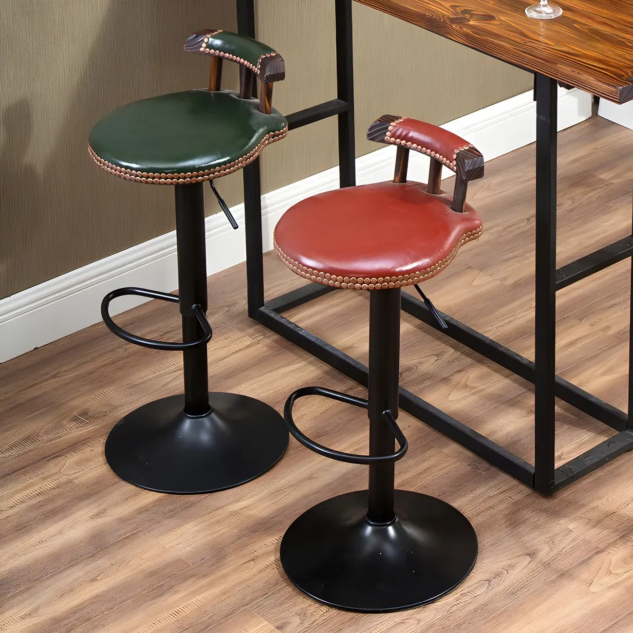 Industrial Round Leather Adjustable Bar Stools